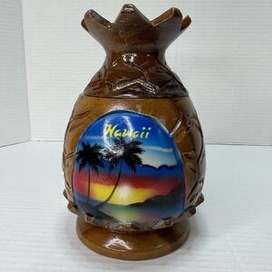 Vintage Carved Wood Hawaii Souvenir Pineapple Container W/ Lid Painted Scene